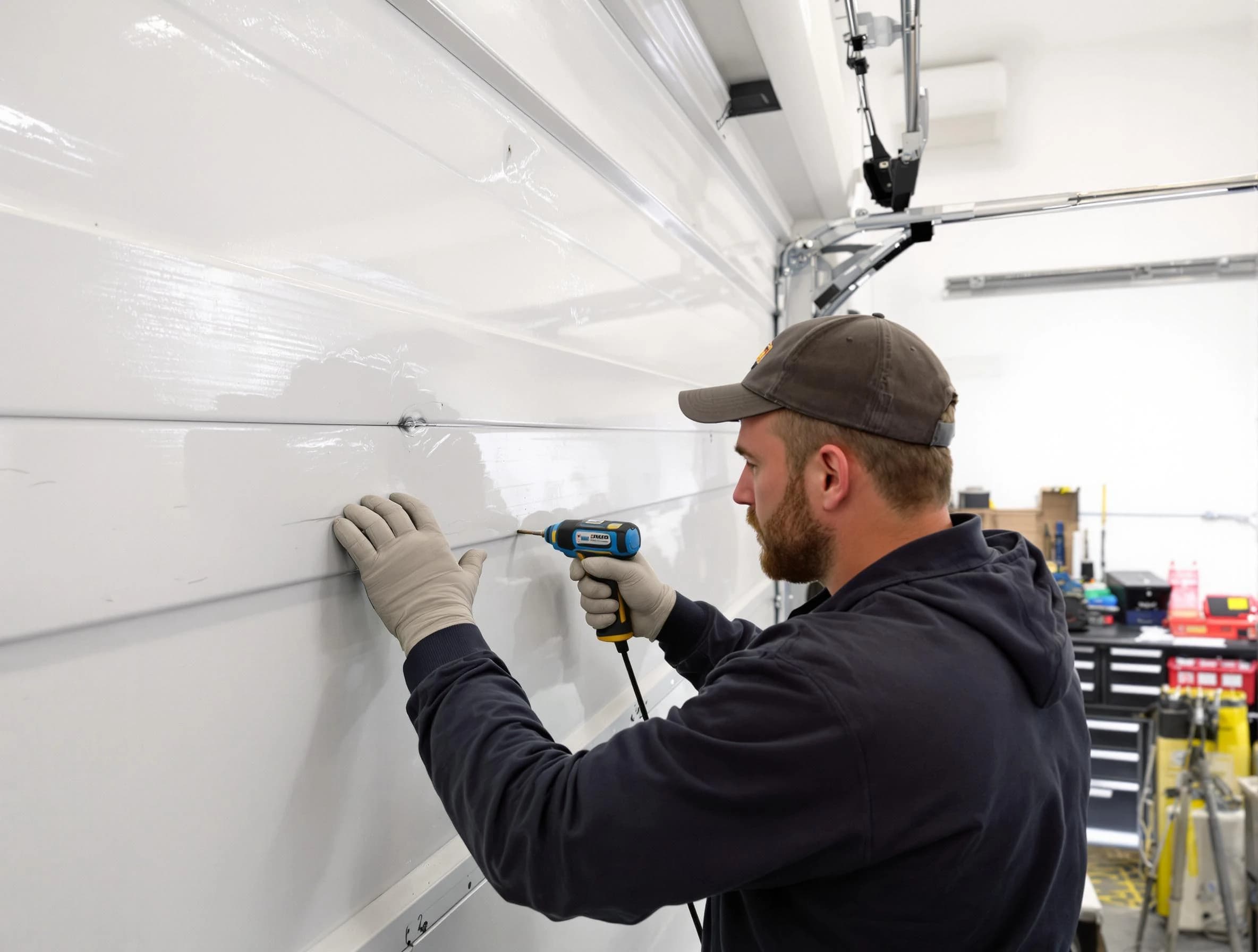 Irvington Garage Door Repair technician demonstrating precision dent removal techniques on a Irvington garage door